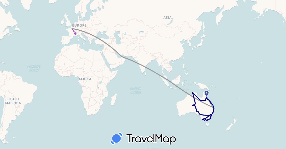 TravelMap itinerary: driving, plane, train, boat in Australia, France, Singapore (Asia, Europe, Oceania)